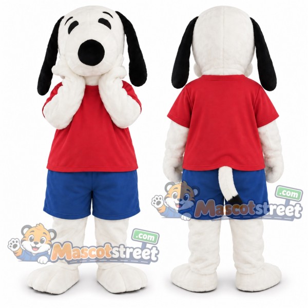 White and Black Dog Mascot Costume with Red Shirt and Blue Shorts