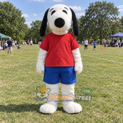 White and Black Dog Mascot Costume with Red Shirt and Blue Shorts