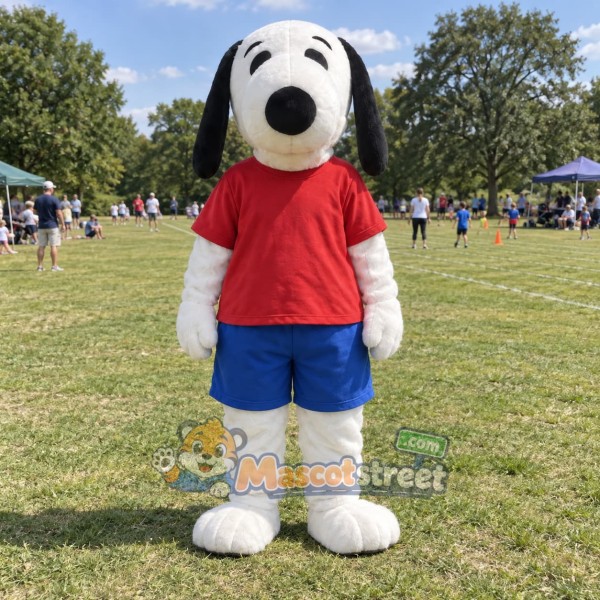 White and Black Dog Mascot Costume with Red Shirt and Blue Shorts