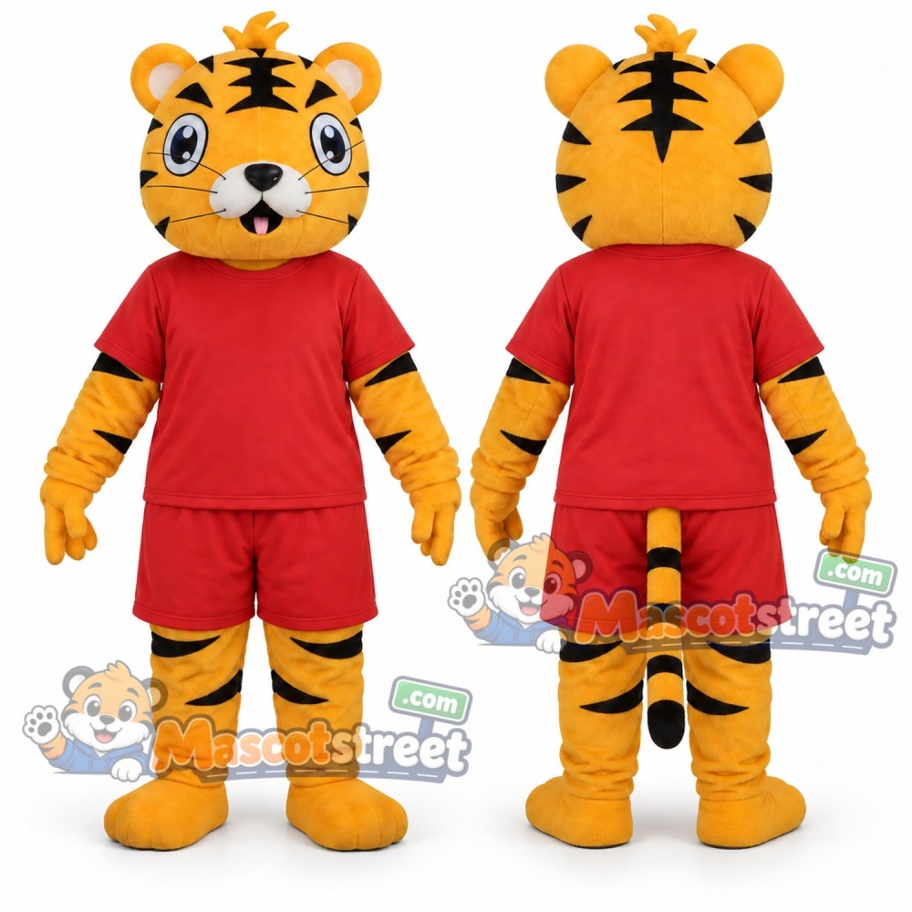 Orange Tiger Mascot Costume with Red Shirt and Shorts