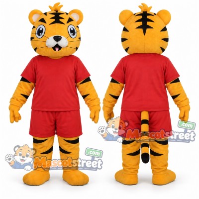 Orange Tiger Mascot Costume with Red Shirt and Shorts