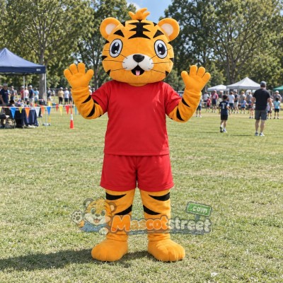 Orange Tiger Mascot Costume with Red Shirt and Shorts