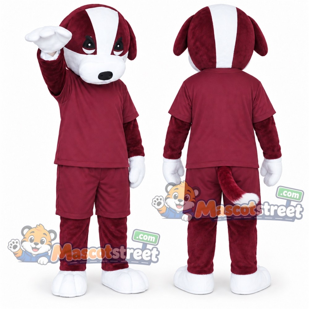Burgundy and White Dog Mascot Costume with Burgundy Shirt and Pants Burgundy and White Dog Mascot Costume with Burgundy Shirt and Pants