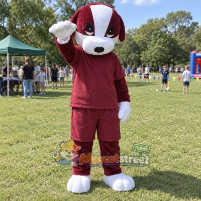 Burgundy and White Dog Mascot Costume with Burgundy Shirt and Pants Burgundy and White Dog Mascot Costume with Burgundy Shirt and Pants