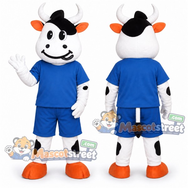Black and White Cow Mascot Costume with Blue Shirt and Shorts