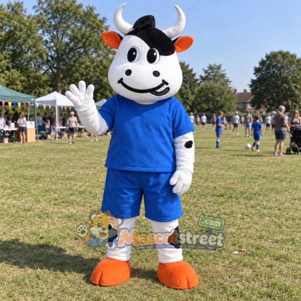 Black and White Cow Mascot Costume with Blue Shirt and Shorts