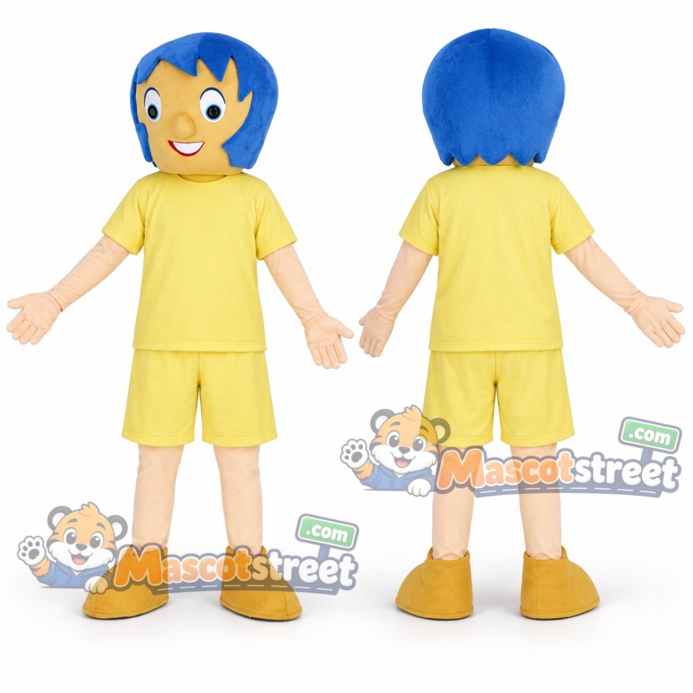 Blue Haired Girl Mascot Costume with Yellow Shirt and Shorts Blue Haired Girl Mascot Costume with Yellow Shirt and Shorts