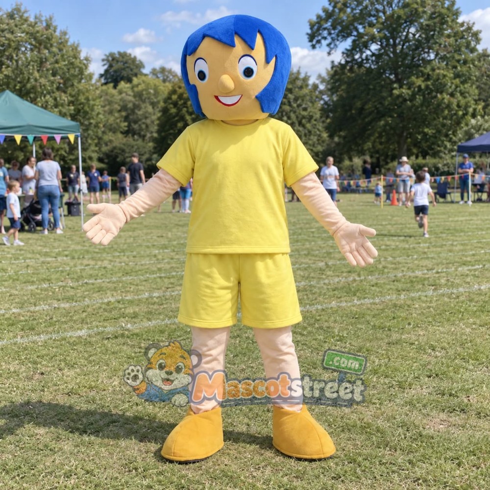 Blue Haired Girl Mascot Costume with Yellow Shirt and Shorts Blue Haired Girl Mascot Costume with Yellow Shirt and Shorts