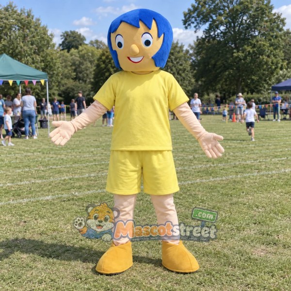 Blue Haired Girl Mascot Costume with Yellow Shirt and Shorts