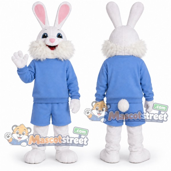 White Rabbit Mascot Costume with Light Blue Sweatshirt and Shorts