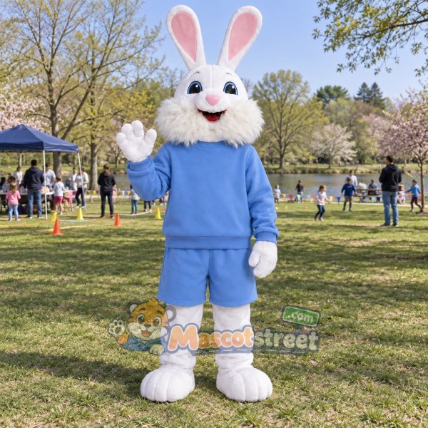 White Rabbit Mascot Costume with Light Blue Sweatshirt and Shorts