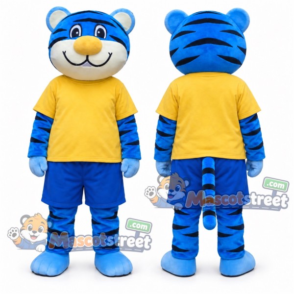 Blue Tiger Mascot Costume with Yellow Shirt and Blue Shorts