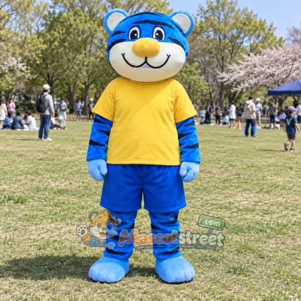 Blue Tiger Mascot Costume with Yellow Shirt and Blue Shorts
