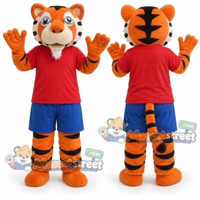 Orange Tiger Mascot Costume with Red Shirt and Blue Shorts