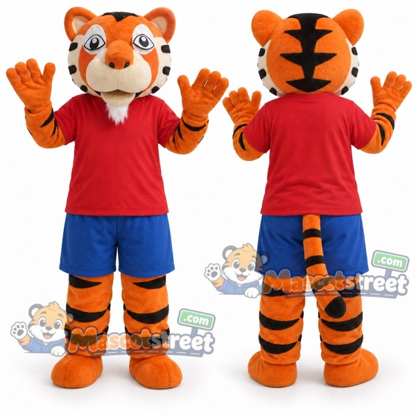 Orange Tiger Mascot Costume with Red Shirt and Blue Shorts