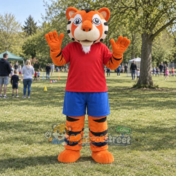 Orange Tiger Mascot Costume with Red Shirt and Blue Shorts
