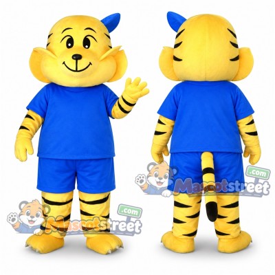 Yellow Tiger Mascot Costume with Blue Shirt and Shorts
