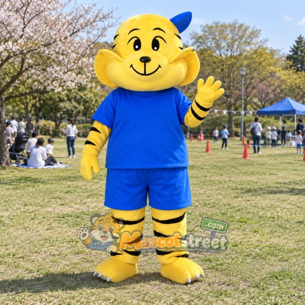 Yellow Tiger Mascot Costume with Blue Shirt and Shorts