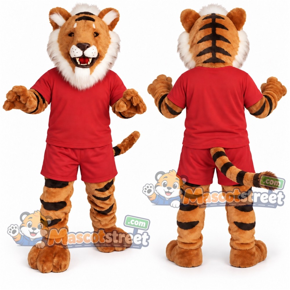 Orange Tiger Mascot Costume with Red Shirt and Shorts