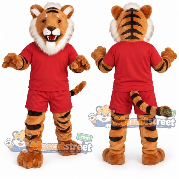 Orange Tiger Mascot Costume with Red Shirt and Shorts
