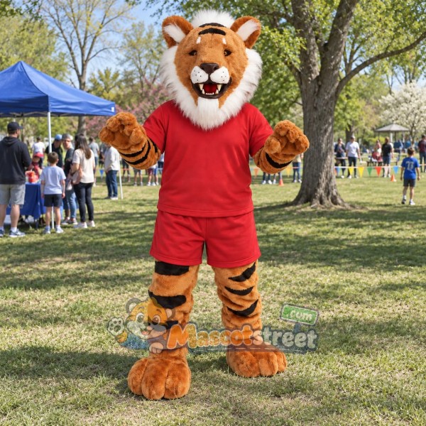 Orange Tiger Mascot Costume with Red Shirt and Shorts