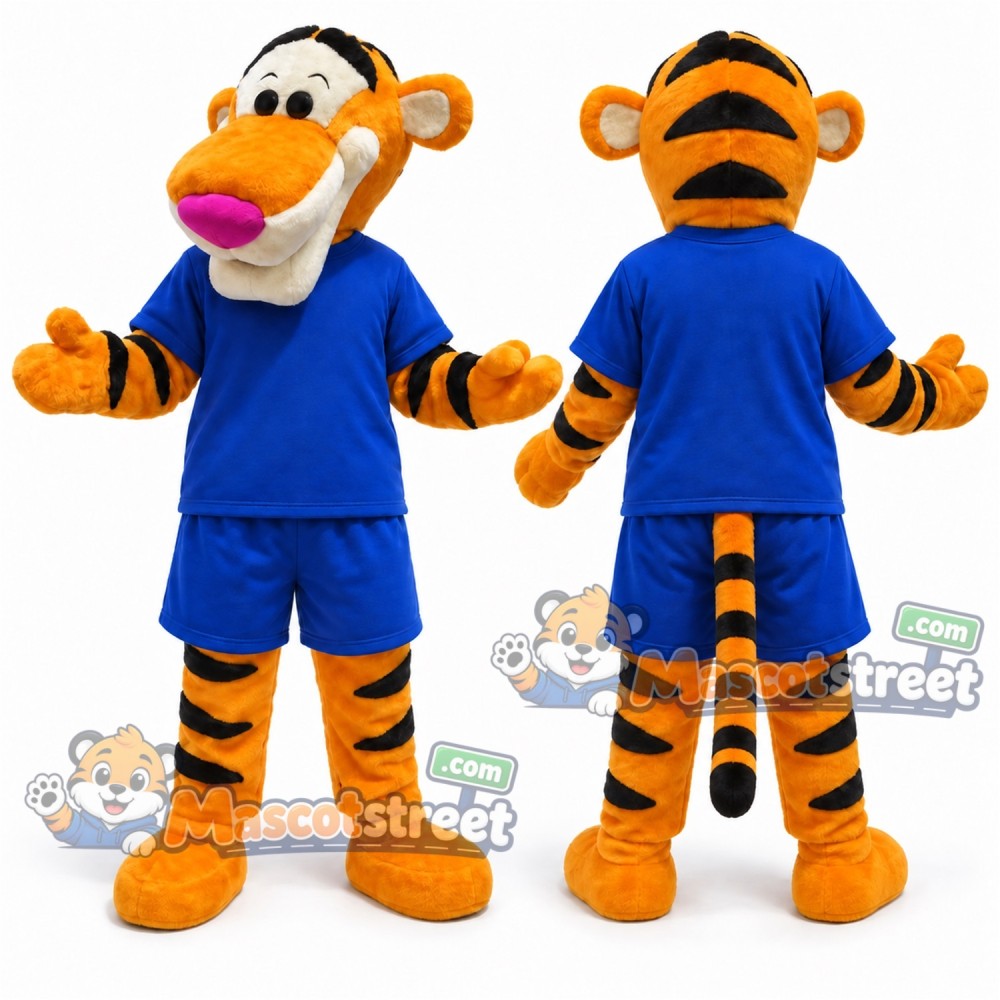 Orange Tiger Mascot Costume with Blue Shirt and Shorts Orange Tiger Mascot Costume with Blue Shirt and Shorts