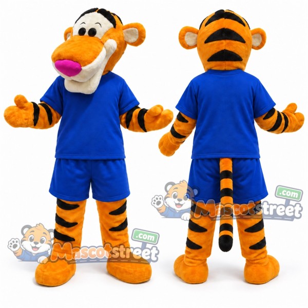 Orange Tiger Mascot Costume with Blue Shirt and Shorts