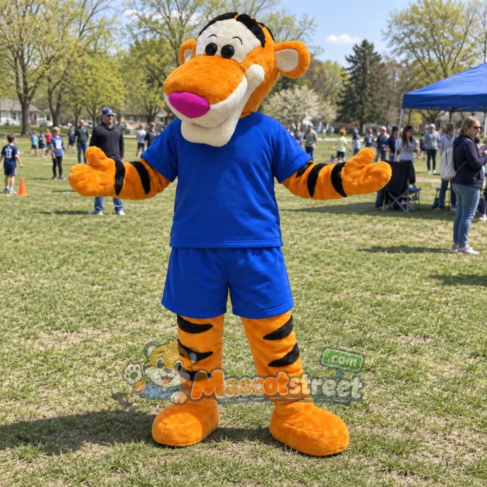 Orange Tiger Mascot Costume with Blue Shirt and Shorts Orange Tiger Mascot Costume with Blue Shirt and Shorts