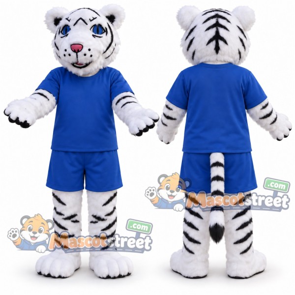 White Tiger Mascot Costume with Blue Shirt and Shorts