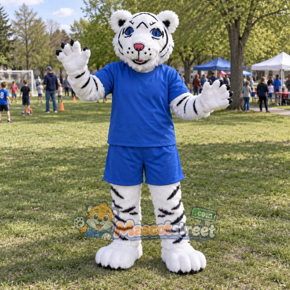 White Tiger Mascot Costume with Blue Shirt and Shorts