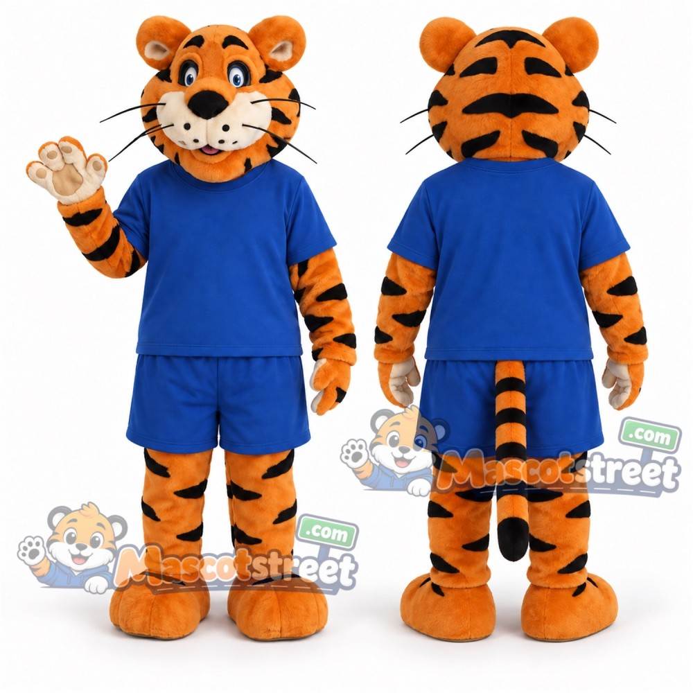 Orange Tiger Mascot Costume with Blue Shirt and Shorts Orange Tiger Mascot Costume with Blue Shirt and Shorts