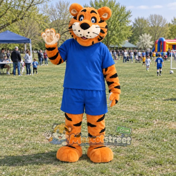 Orange Tiger Mascot Costume with Blue Shirt and Shorts