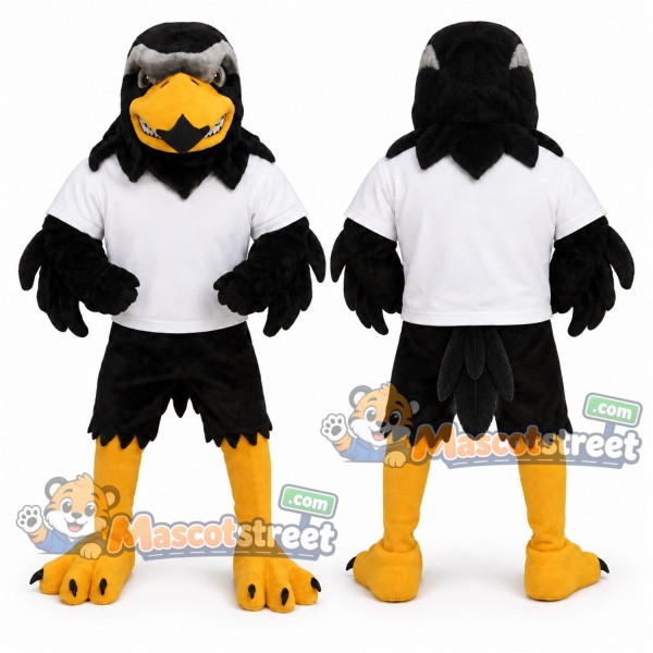 Black Falcon Mascot Costume with White Shirt and Black Shorts