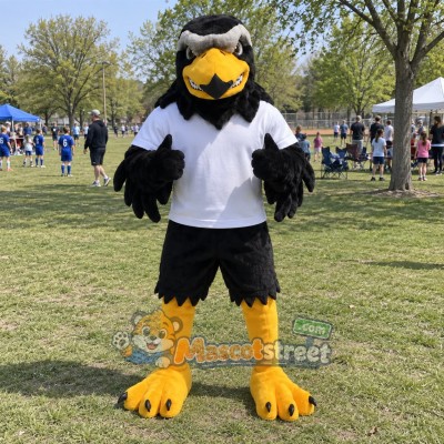 Black Falcon Mascot Costume with White Shirt and Black Shorts Black Falcon Mascot Costume with White Shirt and Black Shorts