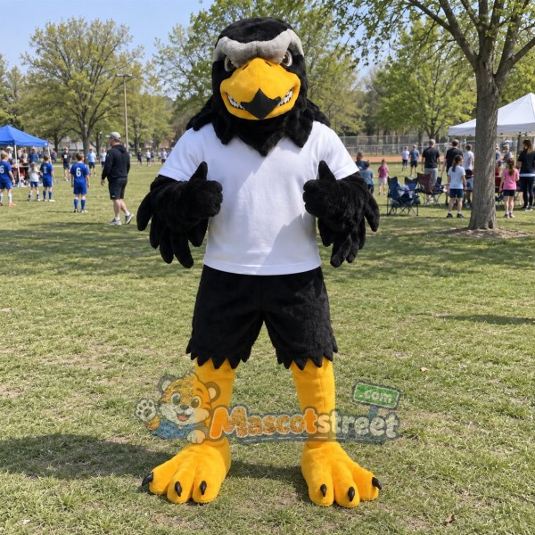 Black Falcon Mascot Costume with White Shirt and Black Shorts