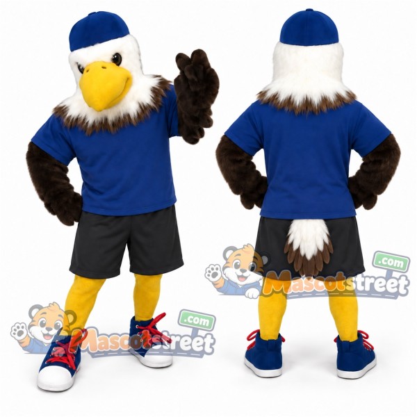 Bald Eagle Mascot Costume with Blue Shirt, Black Shorts and Blue Cap