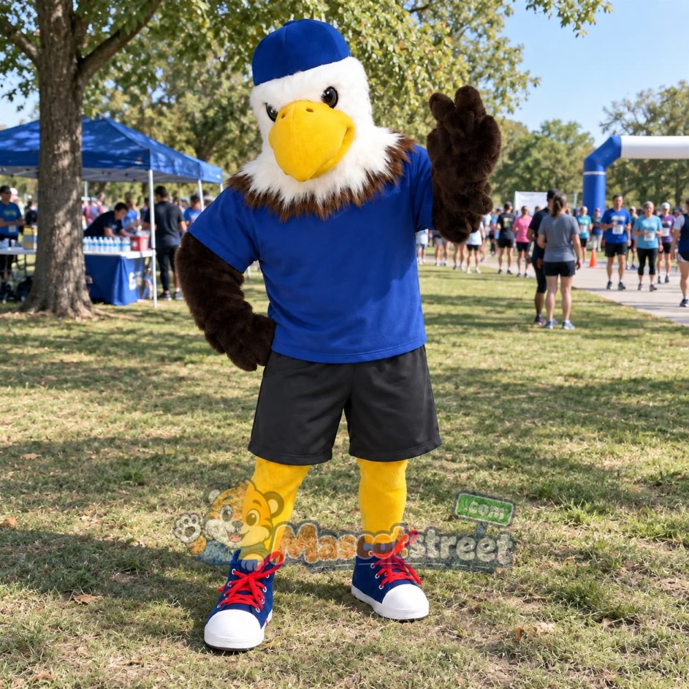 Bald Eagle Mascot Costume with Blue Shirt, Black Shorts and Blue Cap Bald Eagle Mascot Costume with Blue Shirt, Black Shorts and Blue Cap