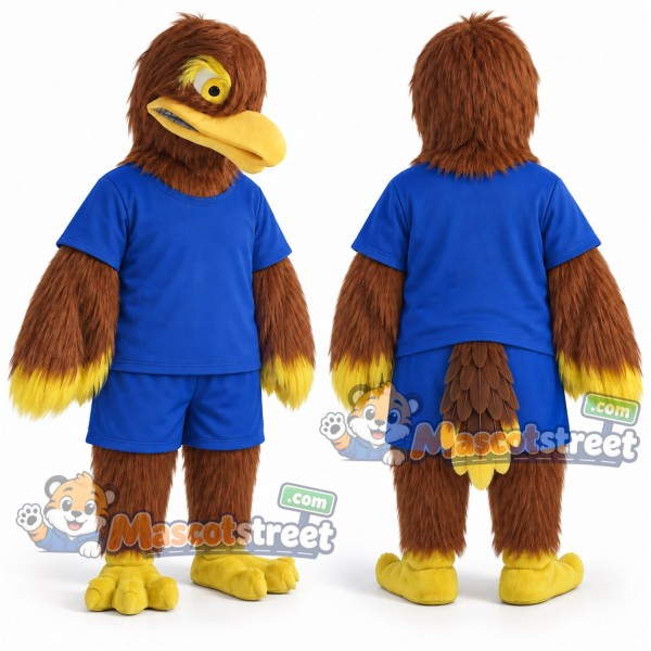 Brown Eagle Mascot Costume with Blue Shirt and Shorts