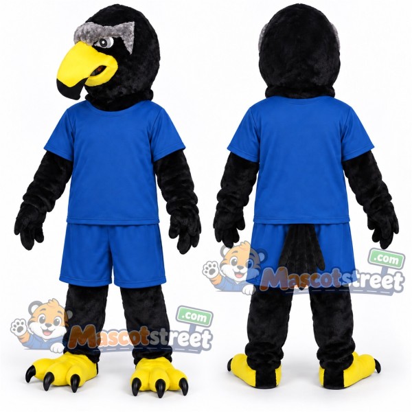Black Eagle Mascot Costume with Blue Shirt and Shorts