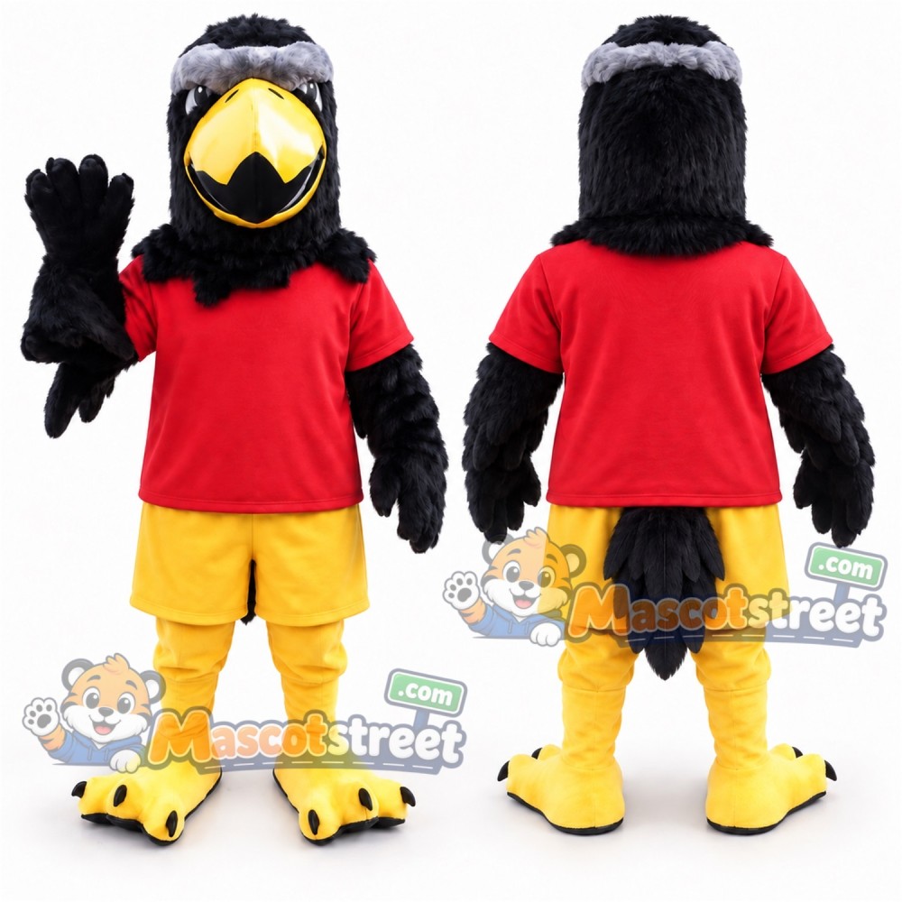 Black Eagle Mascot Costume with Red Shirt and Yellow Shorts Black Eagle Mascot Costume with Red Shirt and Yellow Shorts