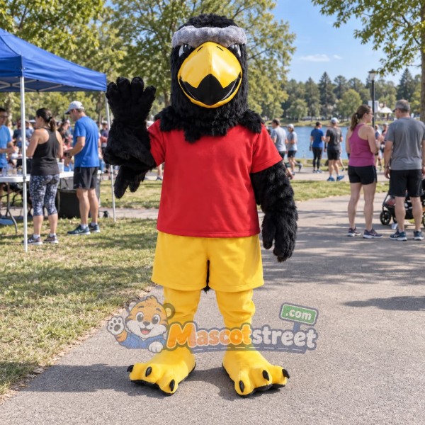 Black Eagle Mascot Costume with Red Shirt and Yellow Shorts