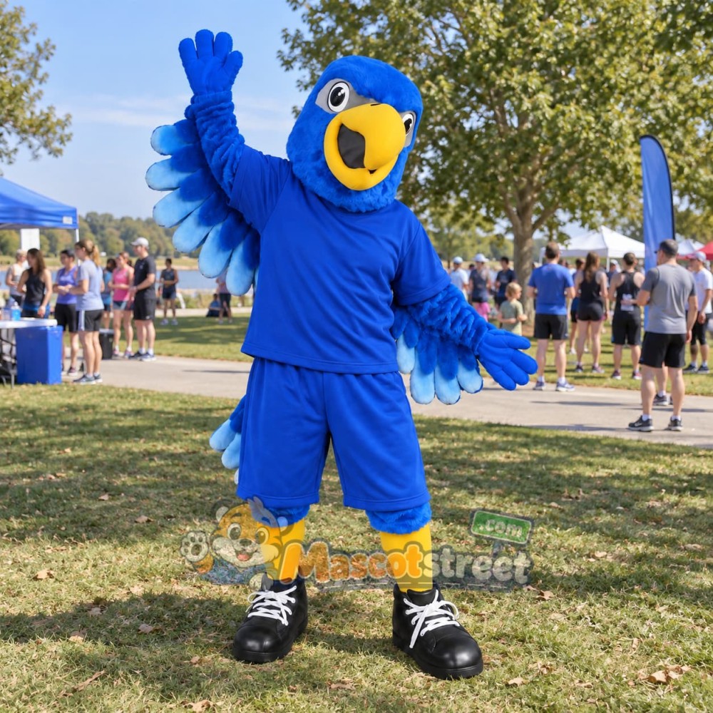Blue Falcon Mascot Costume with Blue Shirt and Shorts Blue Falcon Mascot Costume with Blue Shirt and Shorts