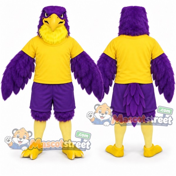Purple Falcon Mascot Costume with Yellow Shirt and Purple Shorts