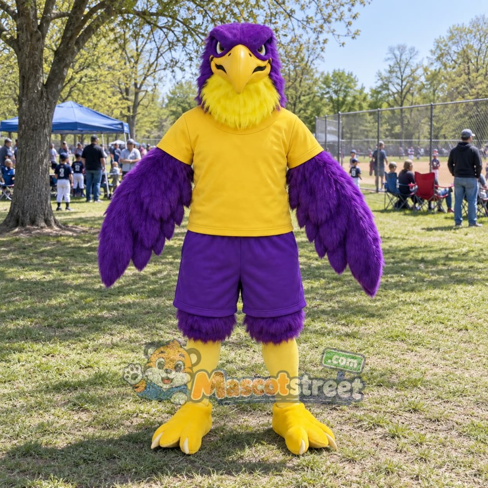 Purple Falcon Mascot Costume with Yellow Shirt and Purple Shorts Purple Falcon Mascot Costume with Yellow Shirt and Purple Shorts