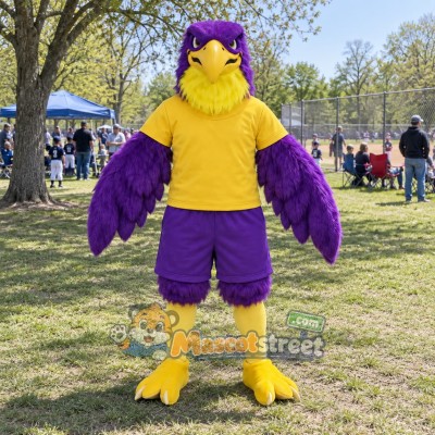 Purple Falcon Mascot Costume with Yellow Shirt and Purple Shorts Purple Falcon Mascot Costume with Yellow Shirt and Purple Shorts