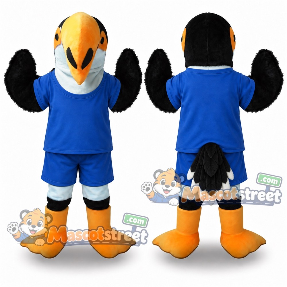 Black and White Eagle Mascot Costume with Blue Shirt and Shorts