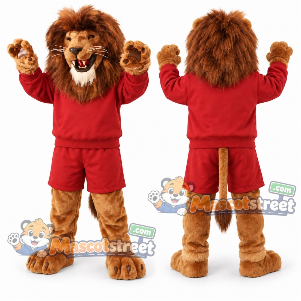 Brown Lion Mascot Costume with Red Shirt and Shorts