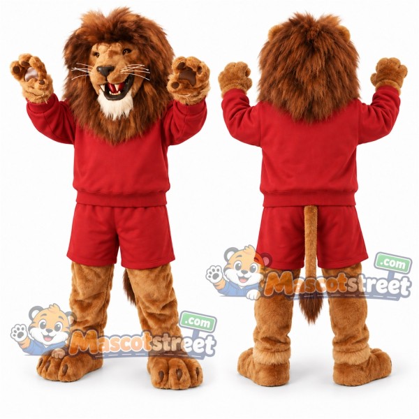 Brown Lion Mascot Costume with Red Shirt and Shorts
