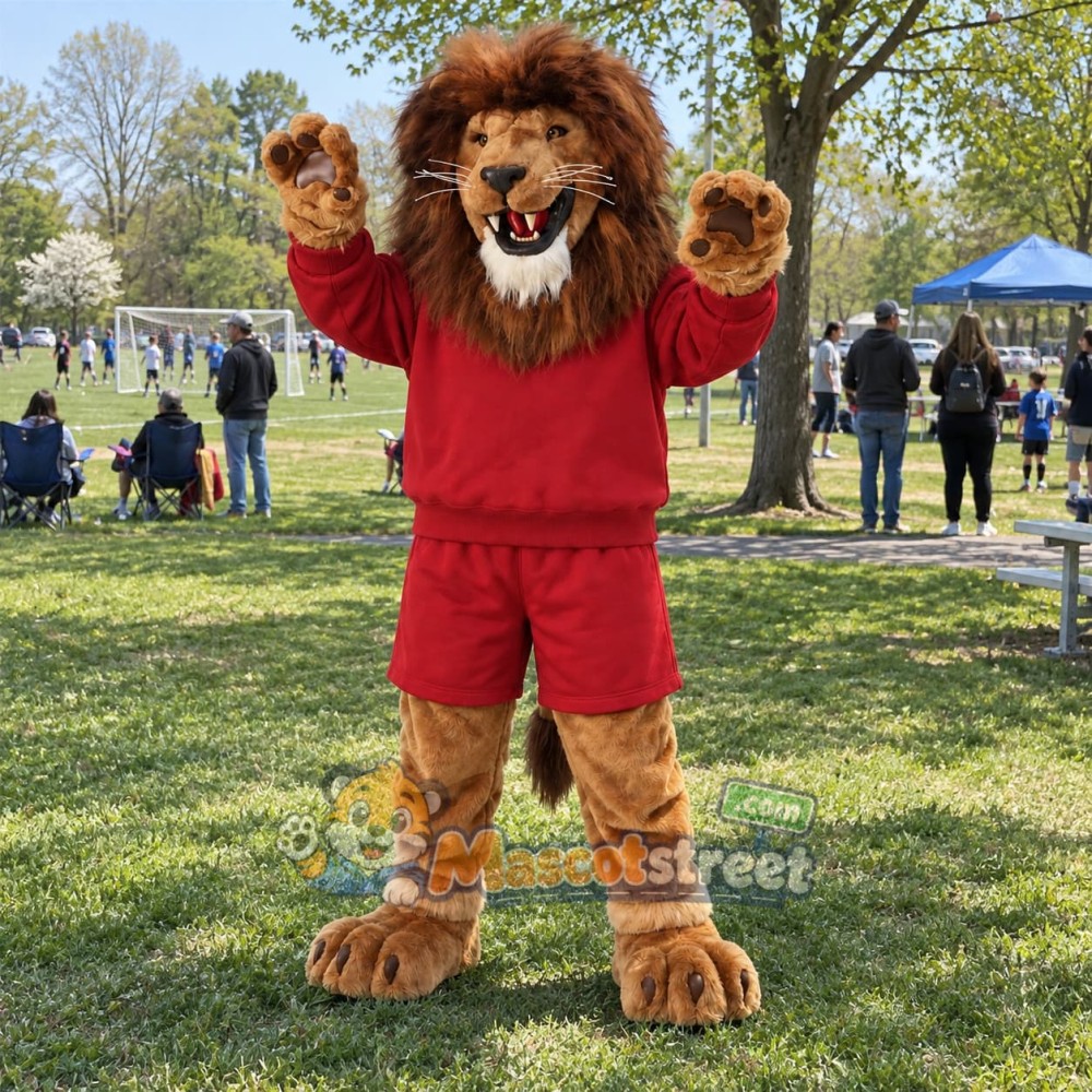 Brown Lion Mascot Costume with Red Shirt and Shorts