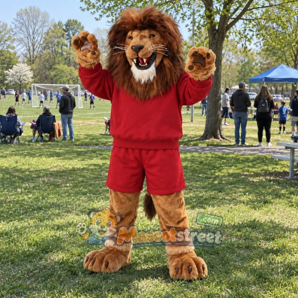 Brown Lion Mascot Costume with Red Shirt and Shorts